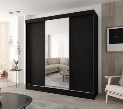 Produktbild von Moderner 3-türiger Schwebetürenschrank 230 × 205 cm – Schwarz mit Spiegel