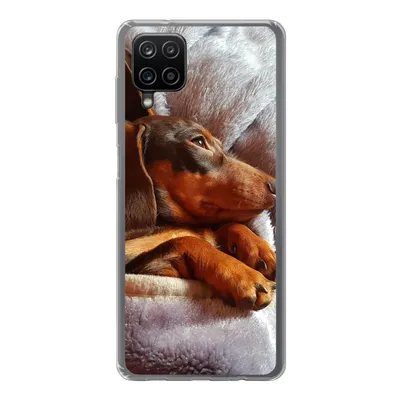 Produktbild von MuchoWow® Handyhülle Schutzhülle Hülle für Samsung Galaxy A12 Niedlicher Dackel liegt unter der Bettdecke Silikon Softcase Handy Hülle - Bild