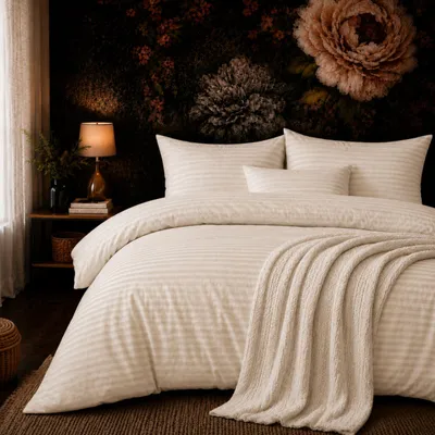 Produktbild von ZIRVEHOME Bettwäsche 200x220 Creme Damast Streifen – Renforcé Baumwolle, 3-teilig mit 2 Kissenbezügen 80x80