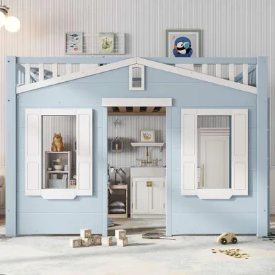 Produktbild von Blaue Hochbett für Kinder mit flexibler Nutzung unter dem Bett, sicherer Leiter und Fensterdesign aus Kiefer, MDF und Sperrholz, 90x200cm