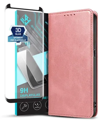 Produktbild von Handyhülle für Samsung Galaxy S9 mit 9H Displayglas Kunstleder Flip Cover Hülle Klapphülle Case Kartenfach Farbe: Rosa