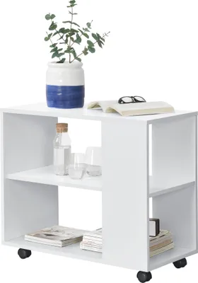 A white side table with items on it, set against a white background.
