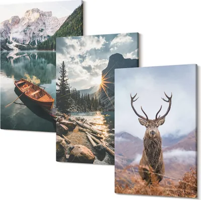 Obrázok produktu pre Fotoplátno – Foto Na Plátno – Obraz Na Plátne – Viacdielne Obrazy – Nástenné Umenie – Tlač Fotografii – Rám Z Dreva – Matné Plátno – Set 3 Kusy – 40x60 Cm – Horské jazero loď západ slnka jeleň v prírode
