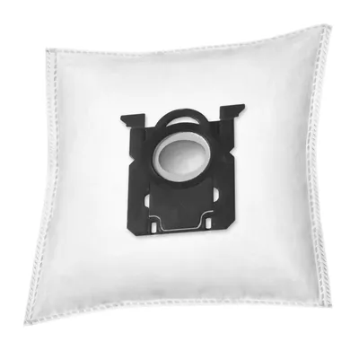 A white vacuum cleaner bag with a black plastic fitting.