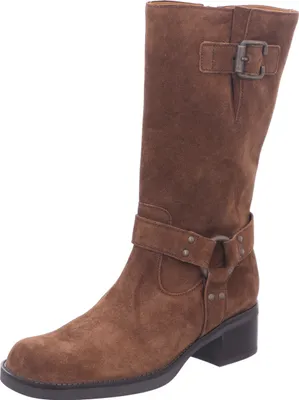 A single brown suede cowboy boot is shown against a white background.