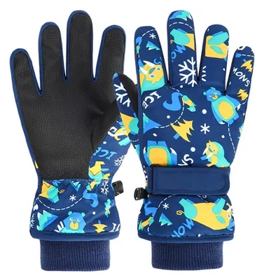 Immagine prodotto di Guanti per bambini, invernali, da sci, con palmo in PU, impermeabili, con fodera in pile, colore blu scuro, taglie XS-L