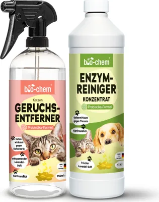 Produktbild von bio-chem Geruchsentferner Set | Katzengeruchsentferner Spray + Enzymreiniger Konzentrat | Mikrobiologisch & effektiv | Gegen Tiergeruch auf Textilien & Oberflächen