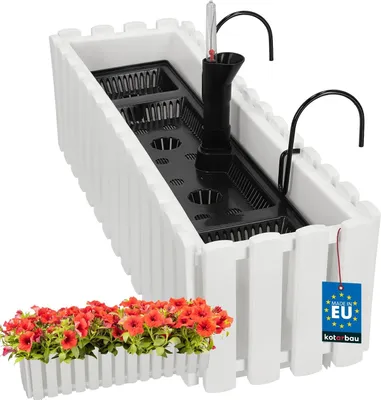 Produktbild von KOTARBAU® Blumenkasten Balkon Blumentopf Selbstbewässernd 58x18x16cm Weiß Kunststoff Blumentopf Balkongeländer Bewässerungssystem Blumenkastenhalterung Pflanzkübel Groß Außen