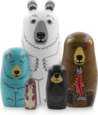 Productafbeelding van Houten dieren beer nestpoppen - Set van 5 - Ijsbeer wezel zeeleeuw matryoshka Russische stapelbare