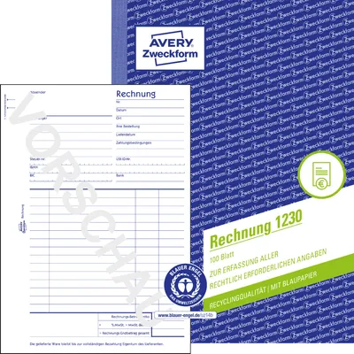 Produktbild von Avery Zweckform 1230, Rechnung, A5, Recycling-Papier, mit Blaupapier, 100 Blatt
