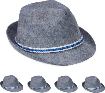 Produktbild von Relaxdays Trachtenhut Bayern, 5er Set, blau-weiße Kordel, Filzhut mit Krempe, Bayernhut Kostüm, Polyester, dunkelgrau