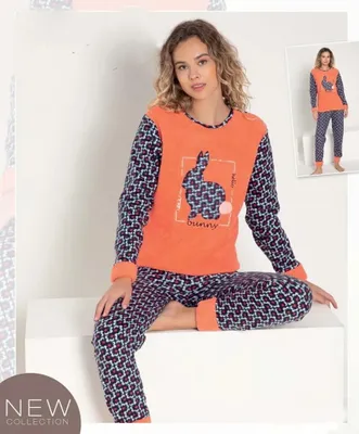 Produktbild von Damen Pyjama POLAR Schlafanzug Orange L 2-Teiler Set Lang Warm Winter S-03