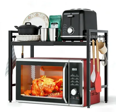 Immagine prodotto di Ripiano estensibile per microonde, supporto per microonde, scaffale da cucina, piano di lavoro, con 6 ganci, estensibile da 40 a 65 cm, ideale per piani di lavoro, scaffali per panetteria, ecc
