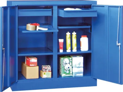 Produktbild von Stahlschrank - Vollblechtüren, einzeln verschließbar - 4 Böden, pulverbeschichtet - 1.000x1.000x500 mm (HxBxT) - resedagrün/himmelblau