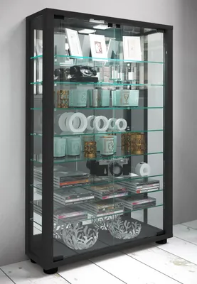 Produktbild von VCM Glasvitrine stehend | Vitrine Glas mit ESG-Sicherheitsglas | Maße ca. H. 91 x B. 59 x T. 18 cm | Standvitrine Glas | Modern und platzsparend | Glas Vitrinenschrank – Lumo Mini Spiegel