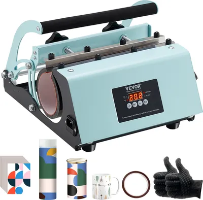 A VEVOR tumbler heat press machine with various accessories for sublimation printing, including tumblers, sublimation paper, tape, and gloves.
