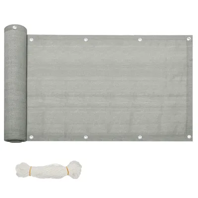 A rolled-up gray privacy screen and a bundle of white rope are laid out on a white background.