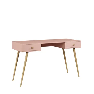 Image de Bureau Rose pastel mat NATURA 135cm avec 2 tiroirs Soft-Close et pieds en bois massif Boho Skandi