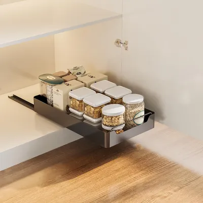 Image de Organisateur d'armoire extensible Organisateur d'armoire extensible Organiseur d'armoire de cuisine Étagères à provisions silencieuses pour la cuisine noir
