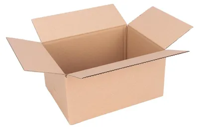 An empty, open cardboard box is shown against a white background.