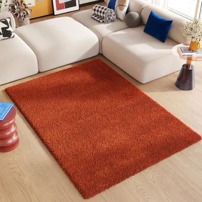 A shaggy rug in a living room setting, placed in front of a sectional sofa.