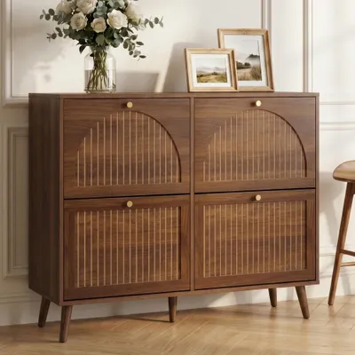 Produktbild von CASABEL Schuhschrank mit 4 Klappen, Retro-Stil, Dunkles Holz