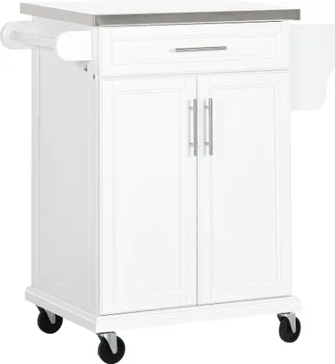 Produktbild von HOMCOM Kücheninsel, moderner Küchenhilfsschrank, Hilfsbuffetschrank mit 4 Rollen, 1 Schublade, 1 Handtuchhalter, 1 Gewürzregal und verstellbarem Regal, 83,5 x 45,7 x 90,5 cm, Weiß