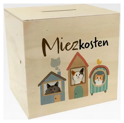 Produktbild von Holz-Spardose für Katzen mit Spruch Miezkosten