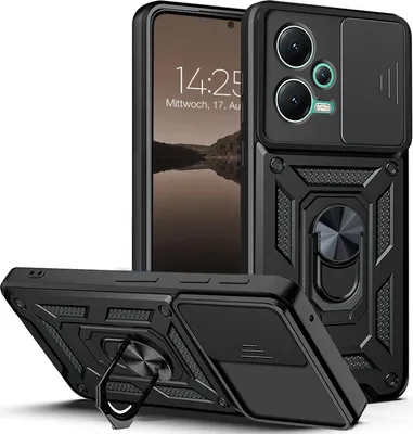 A black smartphone case with a camera cover and ring stand is shown from multiple angles.