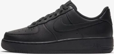 A side view of a black Nike Air Force 1 '07 sneaker against a white background.