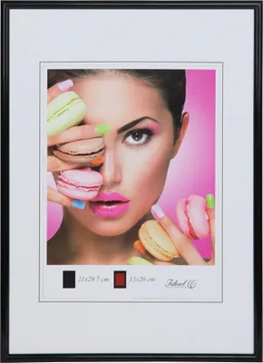 A framed picture of a woman holding macarons, with size and color options displayed below.