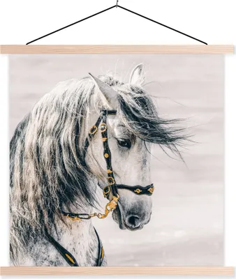 Produktbild von MuchoWow® Textilposter Pferd - Weiß - Gold 40x40 cm mit holzfarbenen Rahmen - Posterleiste