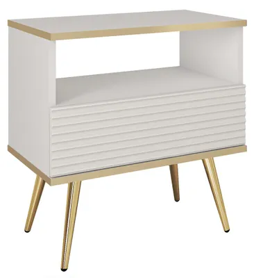 Produktbild von Schlafzimmer Nachttisch mit 54 cm Breite in Weiß, Rillenfront & goldfarbenen Füßen - OLOVO-160