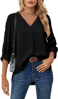 Produktbild von ASKSA Damen Bluse Chiffon Elegant V-Ausschnitt Langarm Hemd Business Casual Tops, Schwarz, XXL