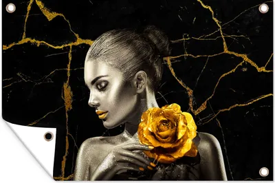 Produktbild von MuchoWow® 60x40 cm Outdoor-Poster Gartendeko Sichtschutz Garten Poster für den Garten  Frauen - Rosen - Gold - Marmor