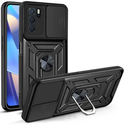 A black phone case with a ring holder and a camera lens cover is displayed from multiple angles against a white background.