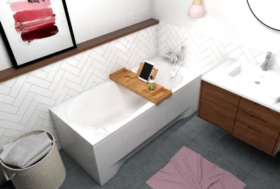 Produktbild von ECOLAM Badewanne Wanne Rechteck G-Polimat Acryl weiß 180x80 cm + Ablage Bambus + Schürze Ablaufgarnitur Ab- und Überlauf Automatik Füße Silikon