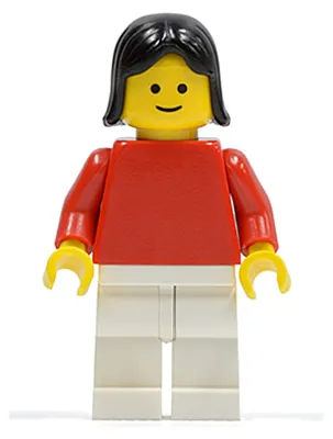 Produktbild von LEGO Minifigur Plain Red Torso with Red Arms, White Legs, Black Female (pln153)