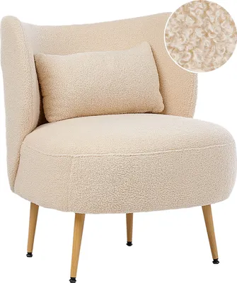 Zdjęcie produktu dla BELIANI Fotel beżowy boucle koktajlowy metalowe nóżki jasne drewno zaokrąglone oparcie w stylu glam retro tapicerka baranek