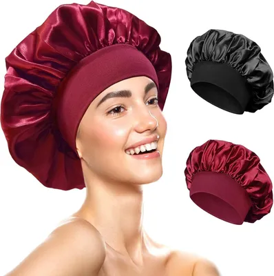 Produktbild von 2 Stück Satin Bonnet, Satin Haarhaube, Haarhaube für Die Nacht, Seidenhaube zum Schlafen, Wiederverwendbare Silk Bonnet Seidenhaube, für Damen und Mädchen (Schwarz, Rot)
