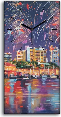 Produktbild von Wohnzimmer-Bild Leinwand Uhr Geräuschlos Kunstdruck 30x60 Stadt Wasser Feuerwerk - schwarze Hände