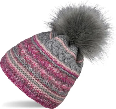Produktbild von styleBREAKER Damen Strick Bommelmütze mit buntem Mustermix und Fleece Futter, Winter Fellbommel Mütze, Strickmütze 04024202