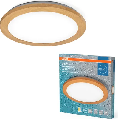 Immagine prodotto di OSRAM ORBIS Disc lampada da parete/soffitto con LED, decorazione in legno, 22W, 1800lm, 3000/4000K, regolabile tramite interruttore a parete con Click CCT, diametro 30cm, protezione IP44 per bagni, viti/spine incluse