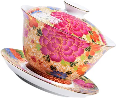 Produktbild von Keramische chinesische Teeschale mit Deckel und Tablett – geruchsneutral und robustes, traditionelles Teegeschirr für die chinesische Teezeremonie und als edles Geschenk