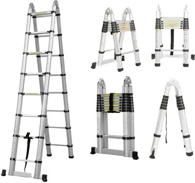 Produktbild von Teleskopische Klappleiter, 5m Höhe, 150kg Tragfähigkeit, Silber