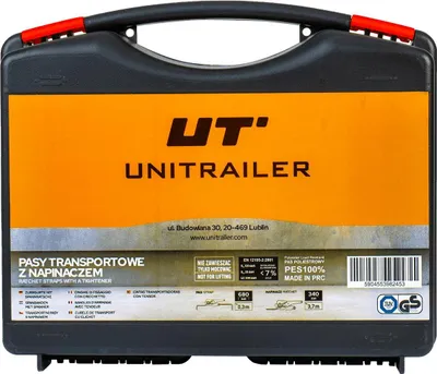 Obrázek produktu pro Sada 4 upínacích popruhů UNITRAILER s ráčnou, 4 m, 25 mm, nosnost 0,68 t, v kufříku, oranžové upínací popruhy pro přívěsy včetně úložného boxu