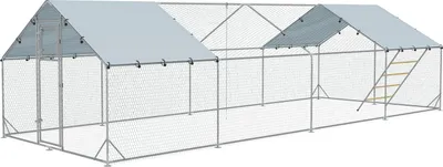 Produktbild von Hühnerstall Freilaufgehege aus Stahl, 300 x 800 x 195 cm Hühnerkäfig mit UV-beständiger Abdeckung, Futtertür, Hängefütterung, Sitzstange, Hühnergehege für 24-30 Hühner, Kleintiere, Silber