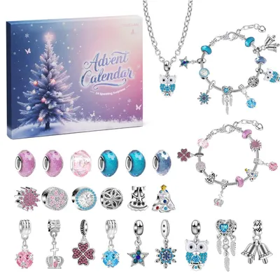 Produktbild von Adventskalender Schmuck 2026 24 Tage Rosa Blau mit Armbändern Halskette Charms Anhänger