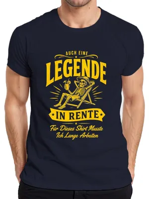 Productafbeelding van Ook een legende die met pensioen gaat. Skelet, pensioen, statement, heren T-shirt, marineblauw, maat L