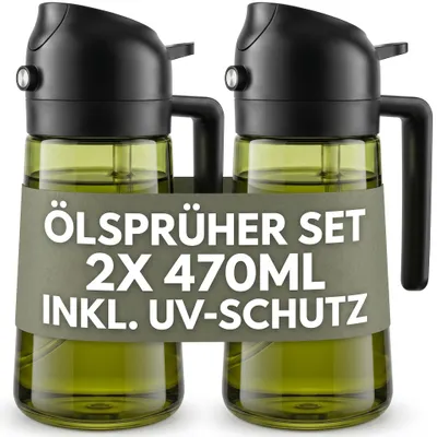Produktbild von Ölsprüher Set - 2-teilig aus Glas - Zum Dosieren von Speiseöl - 470 ml je Flasche 18,4 x 10 cm